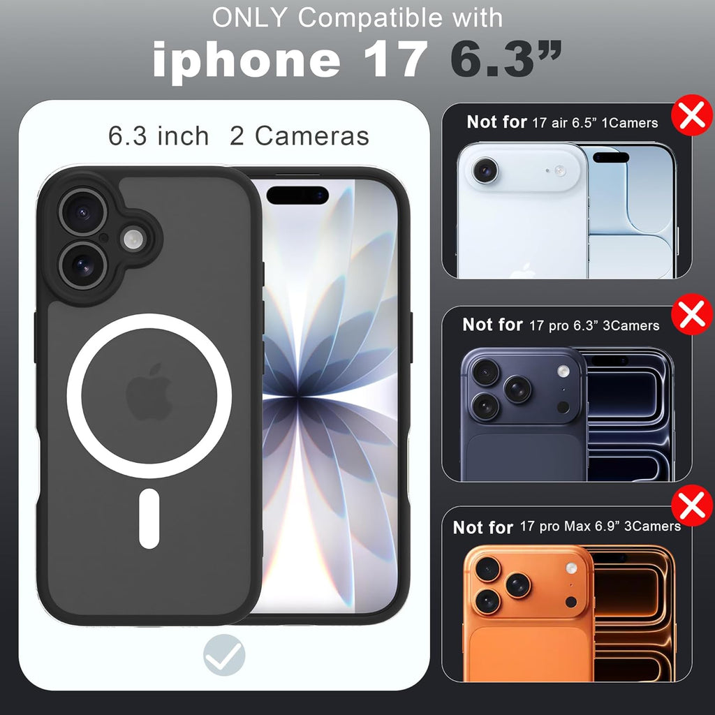 Magnetic Case for iPhone 17 Pro Max with 2 Tempered Glass, Full Camera Protection Shockproof Anti - Scratch Matte Translucent Cover - Black - ModaPhone