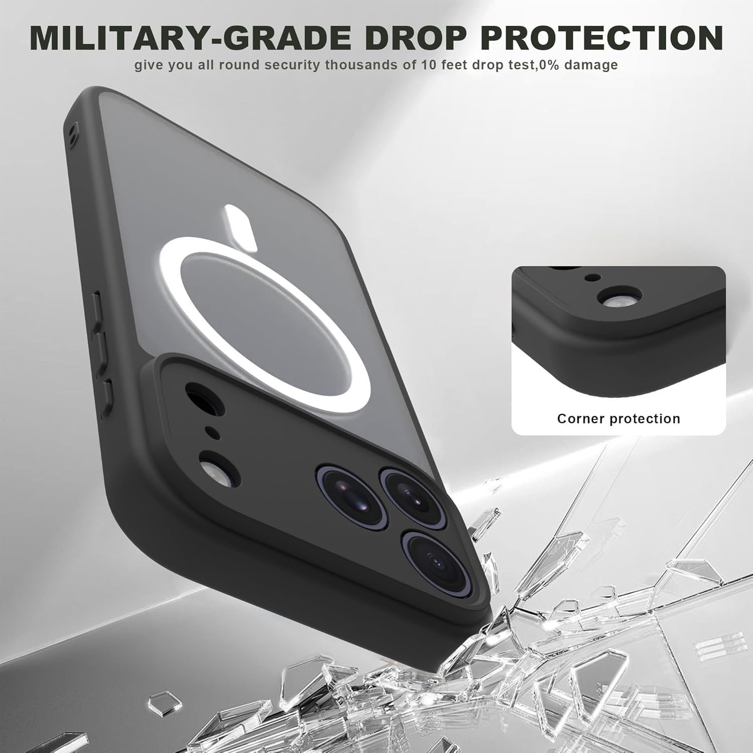 Magnetic Case for iPhone 17 Pro Max with 2 Tempered Glass, Full Camera Protection Shockproof Anti - Scratch Matte Translucent Cover - Black - ModaPhone