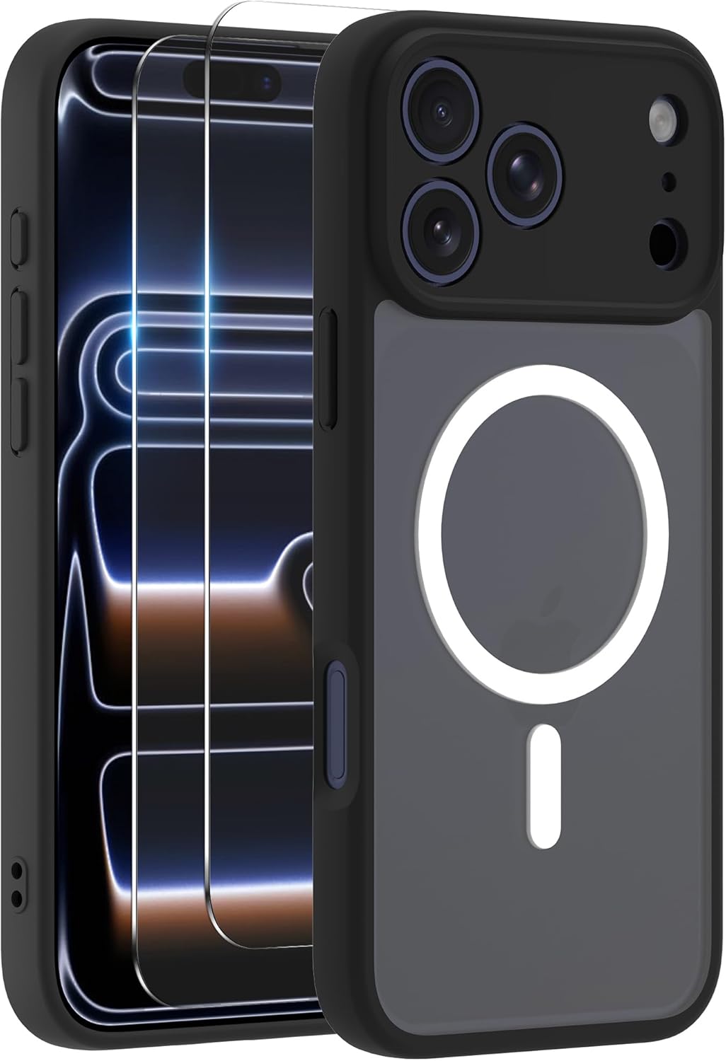 Magnetic Case for iPhone 17 Pro Max with 2 Tempered Glass, Full Camera Protection Shockproof Anti - Scratch Matte Translucent Cover - Black - ModaPhone