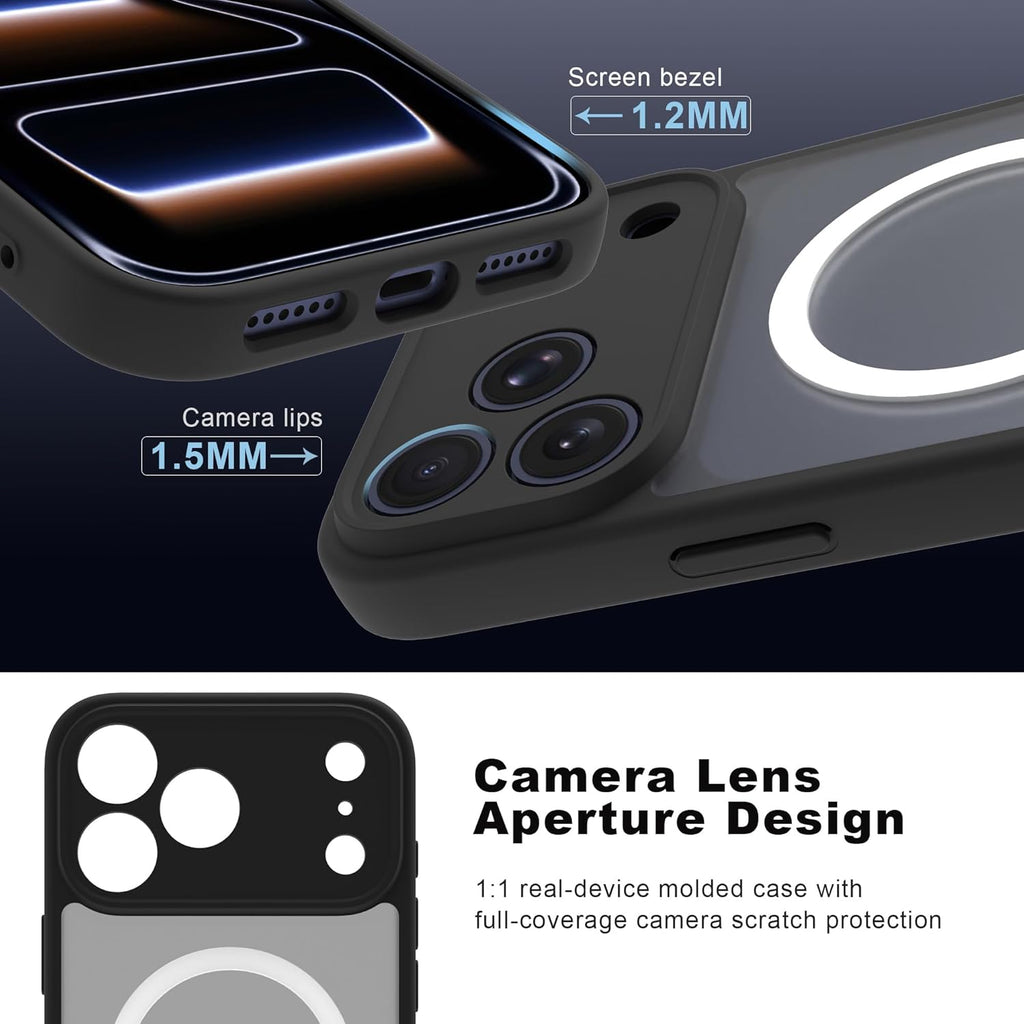 Magnetic Case for iPhone 17 Pro Max with 2 Tempered Glass, Full Camera Protection Shockproof Anti - Scratch Matte Translucent Cover - Black - ModaPhone